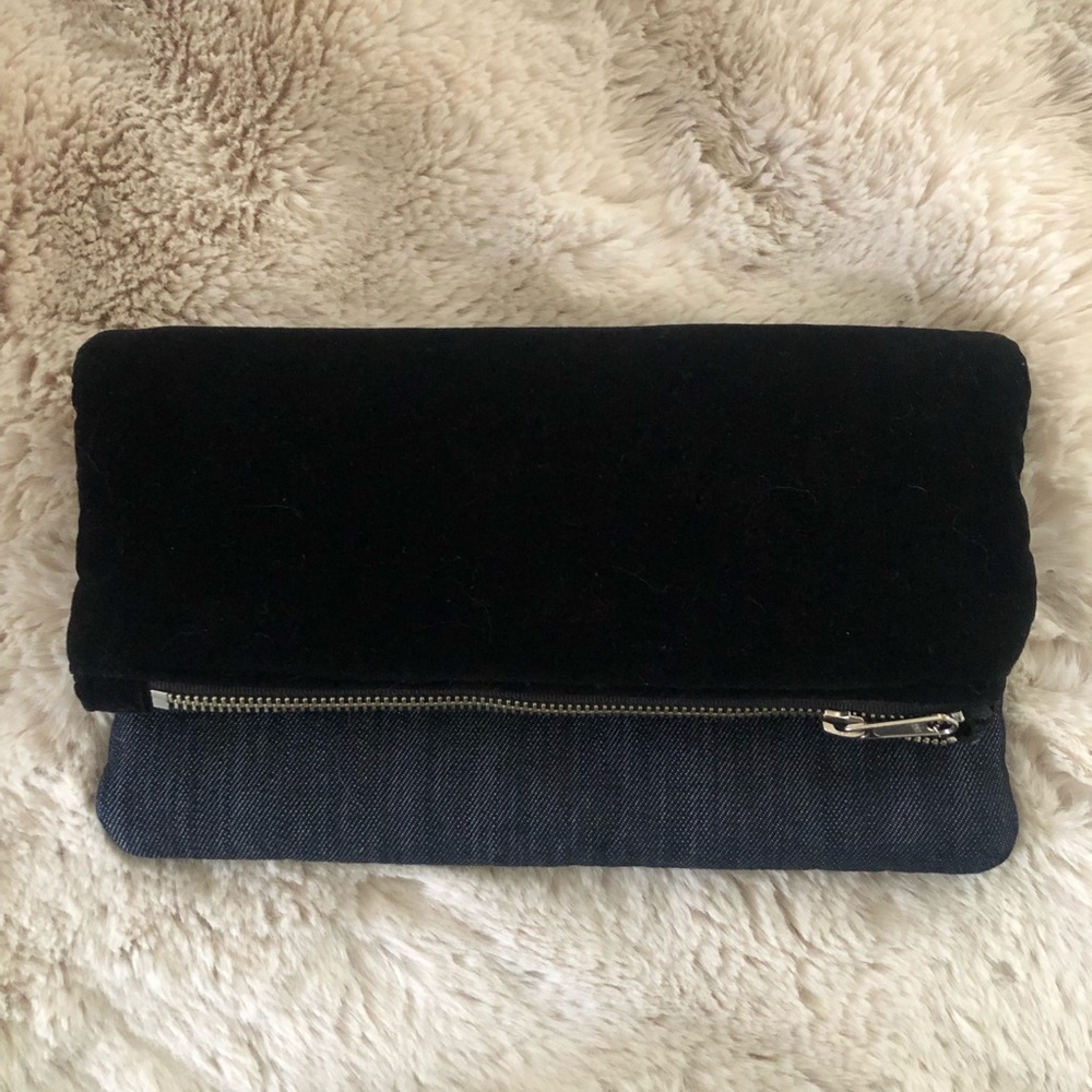 Beautiful handmade black velvet/ denim fold over clutch- zip closure. Ho…